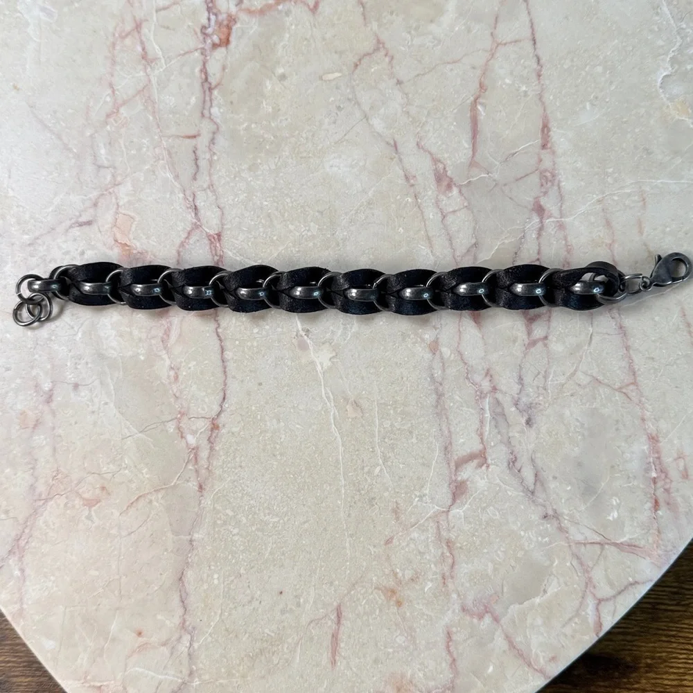 Fossil Leather & Silver Chain Unisex Bracelet